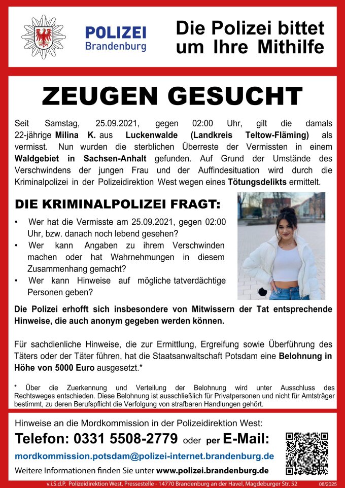 Fahndungsplakat Milina K. _ Zeugen gesucht